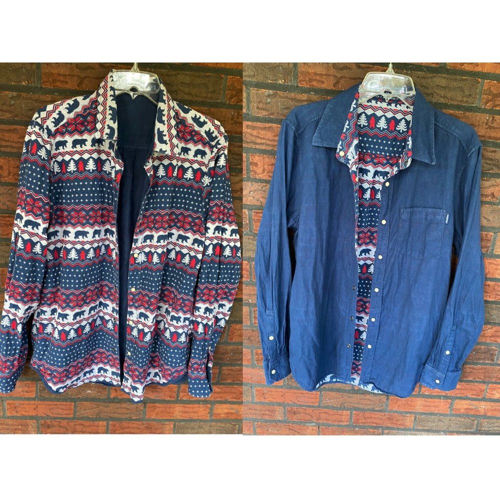 Chubbies Flip It Reverse Shirt Medium Long Sleeve Christmas Trees Bears Red Blue